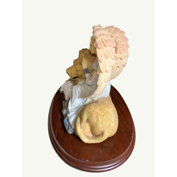 Angel and Lion Figurine With Lamb - Hand-Painted Resin Statue On Wood Base - Picture 5 of 12